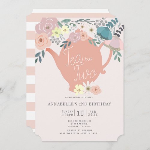Tea for Two Pink Floral Tea Party 2nd Birthday Invitation