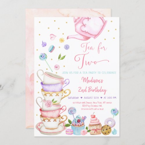 Tea For Two Pink Floral Tea Party Birthday Invitation