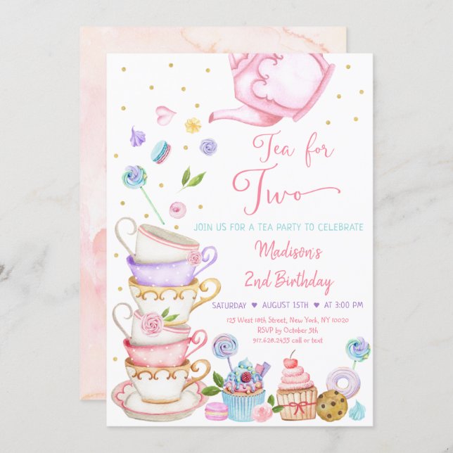 Tea For Two Pink Floral Tea Party Birthday Invitation (Front/Back)