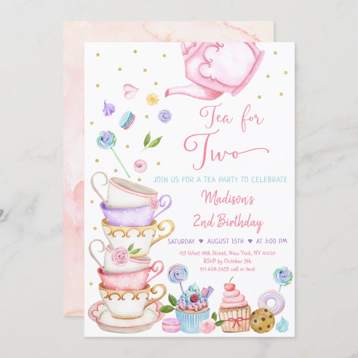 Tea For Two Pink Floral Tea Party Birthday Invitation | Zazzle