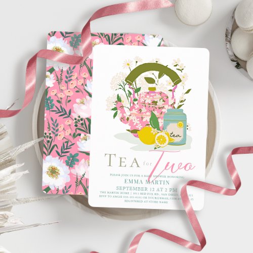 Tea for Two Pink Floral Tea Party Twin Baby Shower Invitation