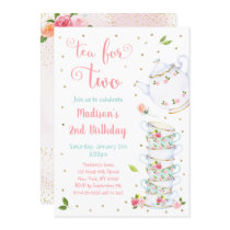 Tea For Two Pink Gold Floral Tea Party Birthday Invitation