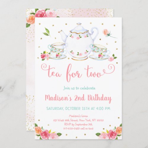 Tea For Two Pink Gold Floral Tea Party Birthday Invitation