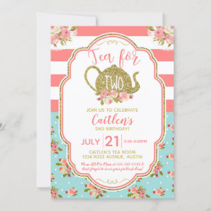 Tea For Two Pink Gold Glitter Birthday Invitation