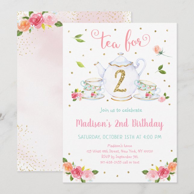 Tea For Two Pink Gold Tea Party Birthday Invitation (Front/Back)