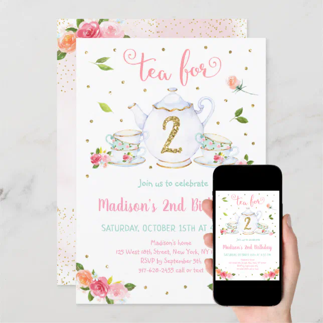 Tea For Two Pink Gold Tea Party Birthday Invitation 