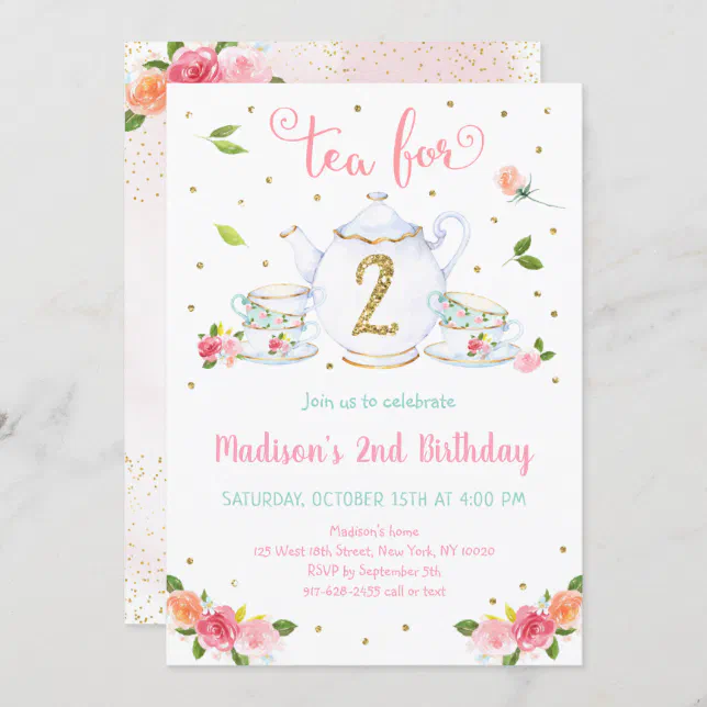 Tea For Two Pink Gold Tea Party Birthday Invitation | Zazzle