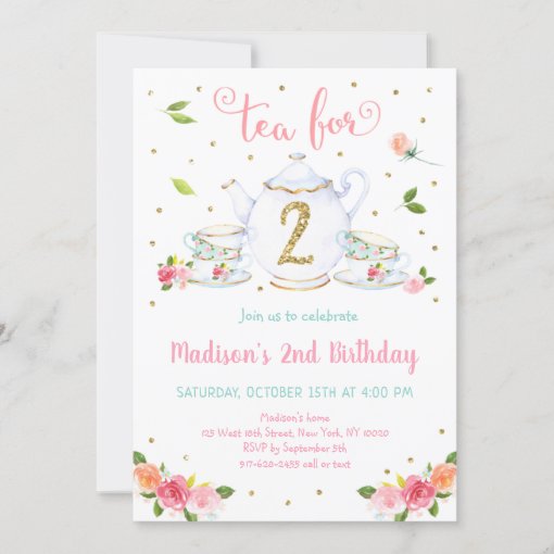 Tea For Two Pink Gold Tea Party Birthday Invitation | Zazzle