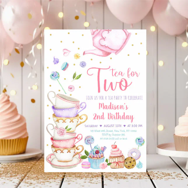 Tea For Two Pink Tea Party Birthday Invitation 