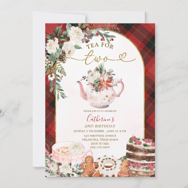 Tea For Two Plaid Floral Christmas 2nd Birthday Invitation (Front)