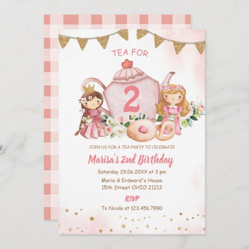 Tea For Two Princess 2nd Birthday Party  Invitation
