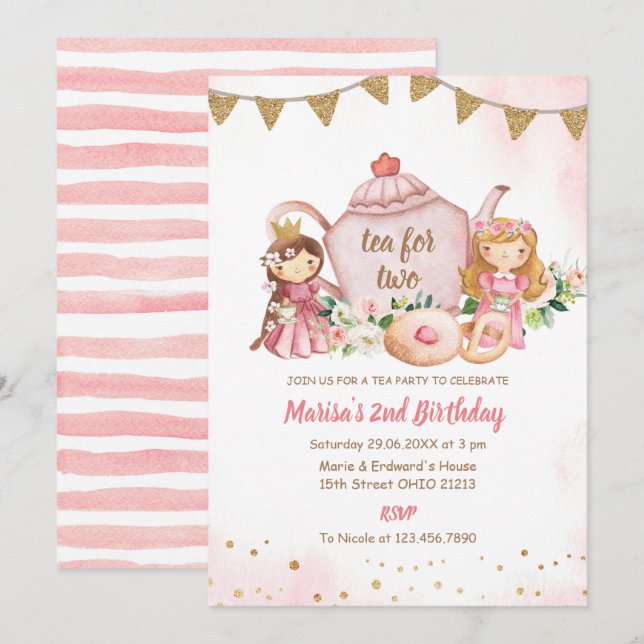 Tea for Two Princess Royal Tea Birthday Party  Invitation (Front/Back)