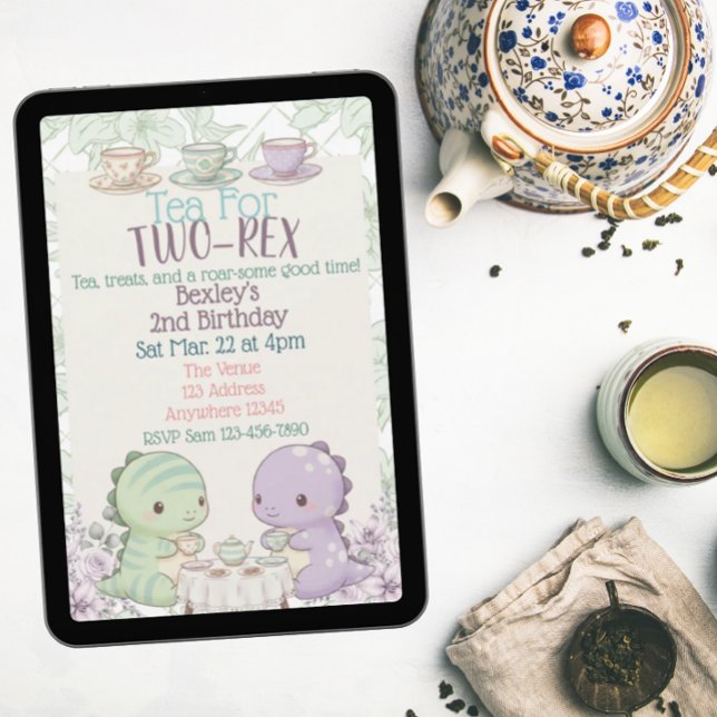 Tea for Two-Rex Pastel Dinosaur 2nd Birthday Invitation (Creator Uploaded)