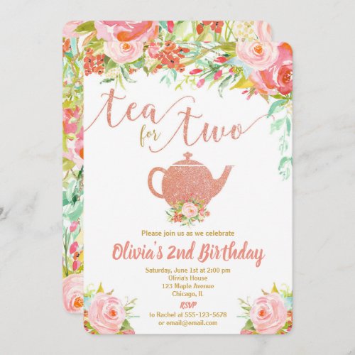 Tea for two rose gold birthday invitation girl