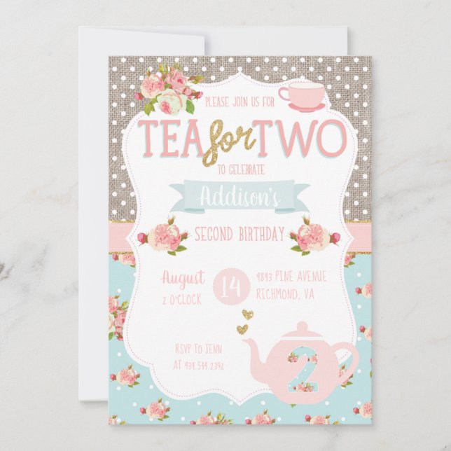 Tea for Two Second Birthday Invitation (Front)