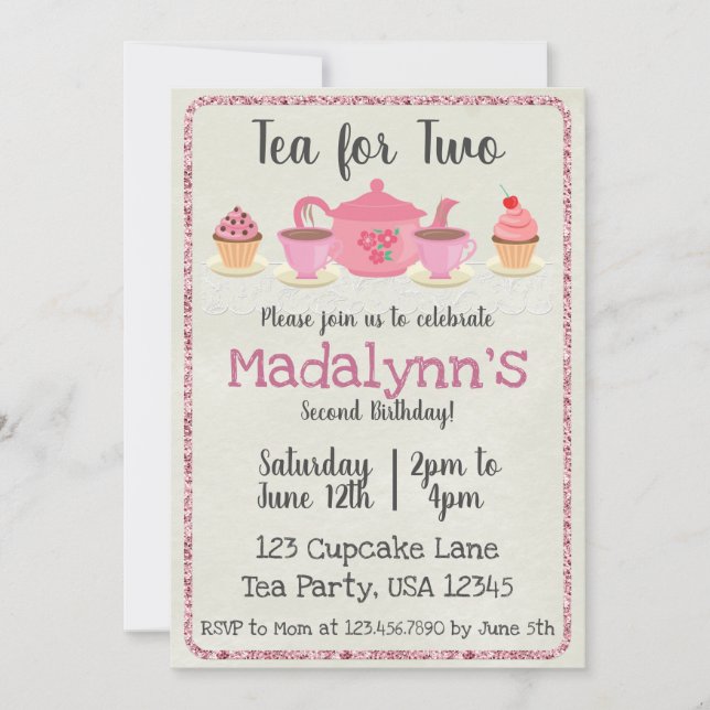 Tea for Two Second Birthday Invitation Cream (Front)