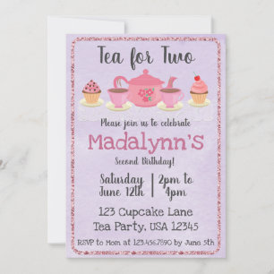 Tea for Two Second Birthday Purple Invitation