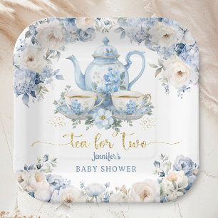 Tea for Two Tea Baby Shower Boy Gold Blue Floral Paper Plates