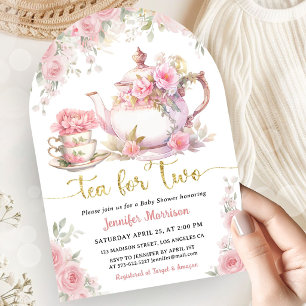 Tea for Two Tea Baby Shower Gold Pink Floral Arch Invitation