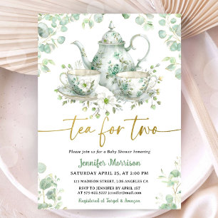 Tea for Two Tea Baby Shower Green Gold Twins Invitation