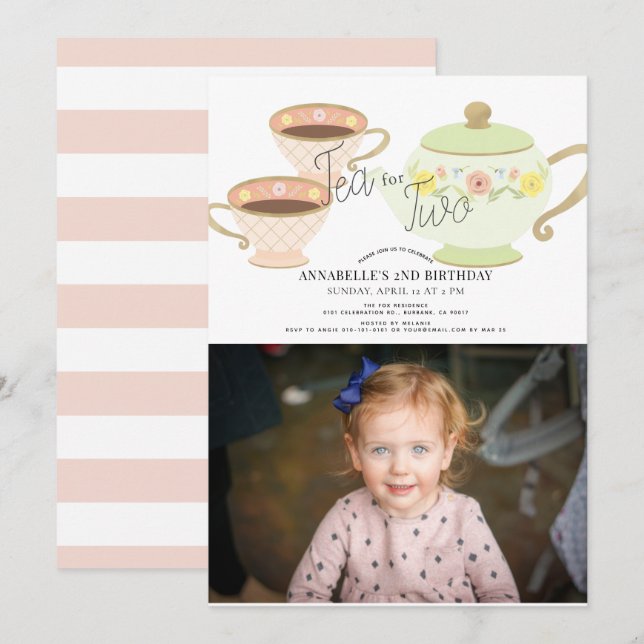 Tea for Two Tea Party 2nd Birthday Photo Invitation (Front/Back)