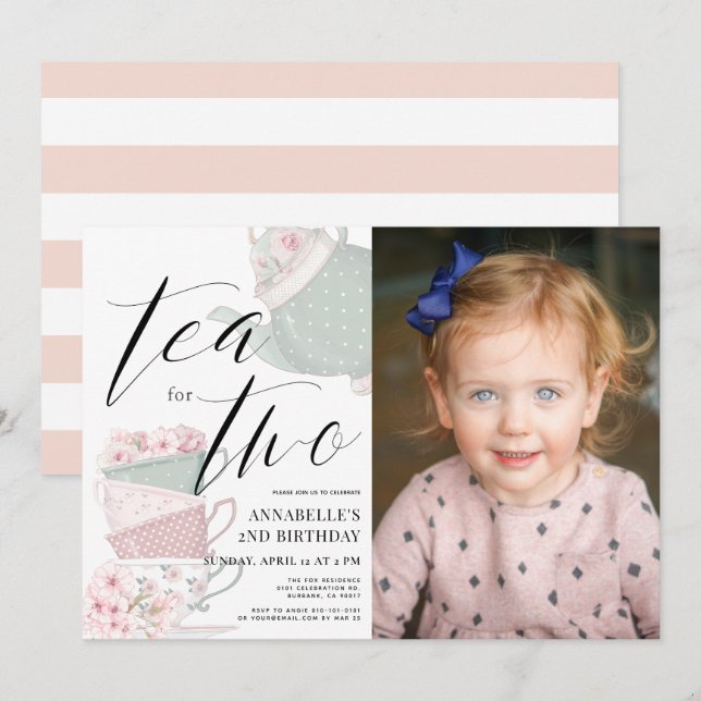 Tea for Two Tea Party 2nd Birthday Photo Invitation (Front/Back)