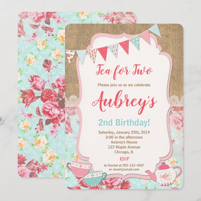 Tea for Two Tea Party birthday invitation girl (Front/Back)