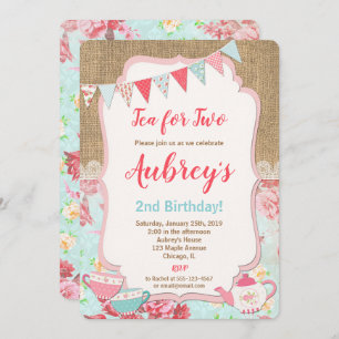 Tea for Two Tea Party birthday invitation girl