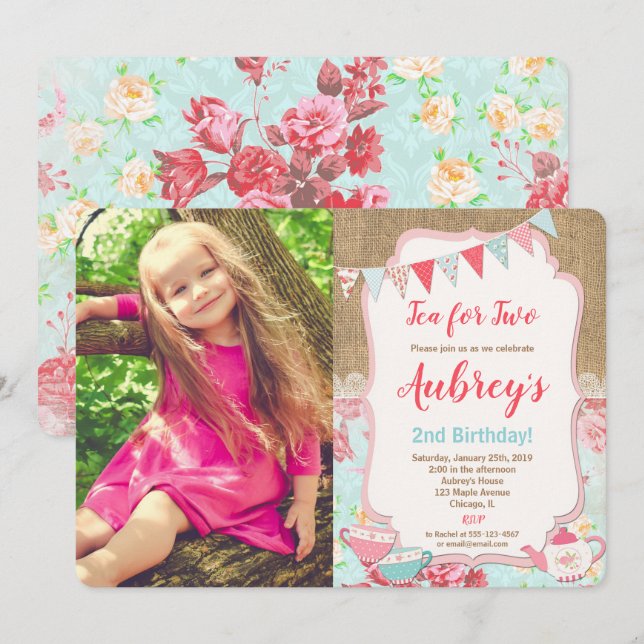 Tea for Two Tea Party girl floral birthday Invitation (Front/Back)