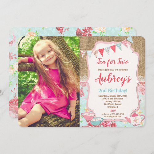 Tea for Two Tea Party girl floral birthday Invitation