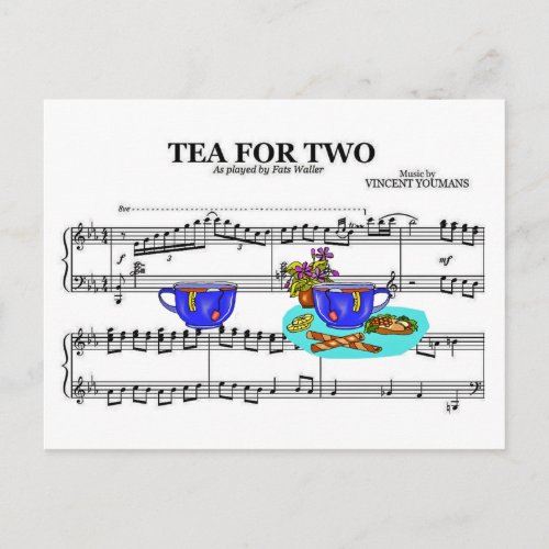 Tea For Two Teacups  Sheet Music Background Postcard