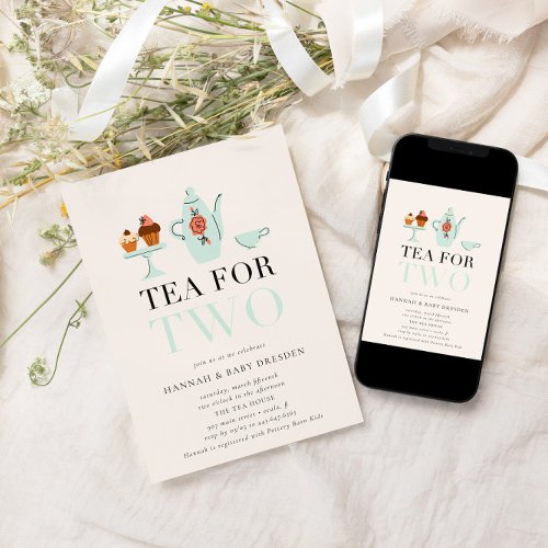 Tea for Two  Teal Tea Party Baby Shower Invitation