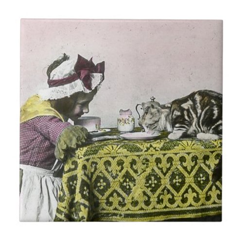Tea for Two Victorian Girl and Kitty Cat Tea Party Ceramic Tile