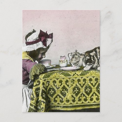 Tea for Two Victorian Girl and Kitty Cat Tea Party Invitation Postcard