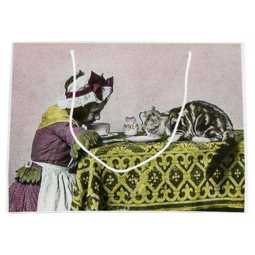 Tea for Two Victorian Girl and Kitty Cat Tea Party Large Gift Bag