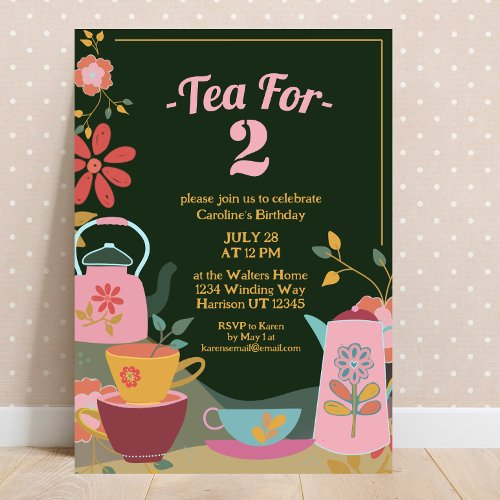 Tea for Two Whimsical Floral Second Birthday Invitation