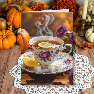 Tea in a Vintage Teacup, Mums, Pumpkin Autumn Card