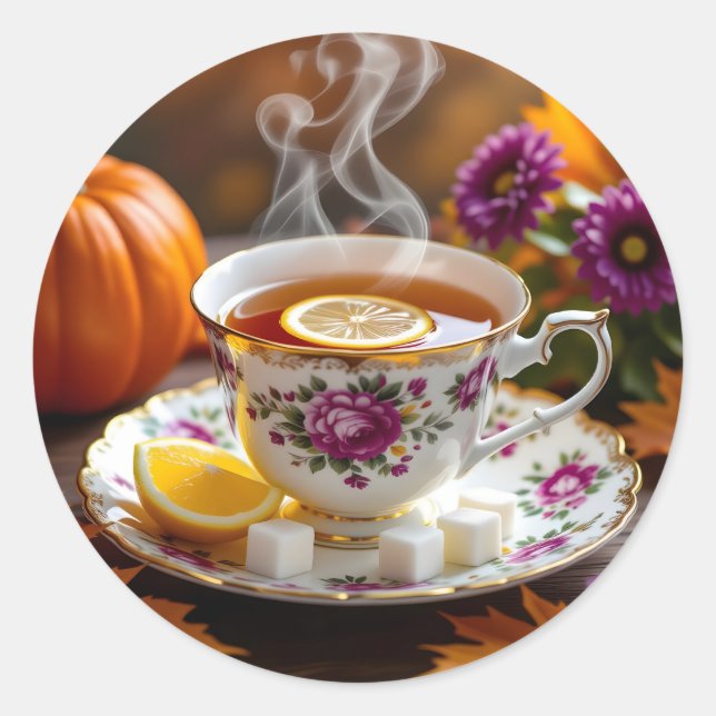 Tea in a Vintage Teacup, Mums, Pumpkin Autumn Classic Round Sticker (Front)