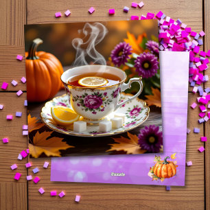 Tea in a Vintage Teacup, Mums, Pumpkin Autumn Holiday Card
