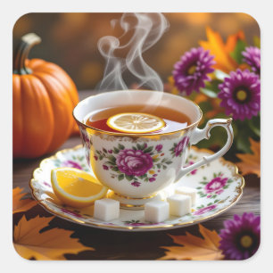 Tea in a Vintage Teacup, Mums, Pumpkin Autumn Square Sticker