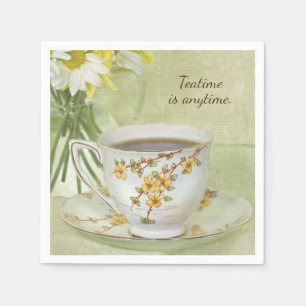 tea in vintage teacup on saucer napkins