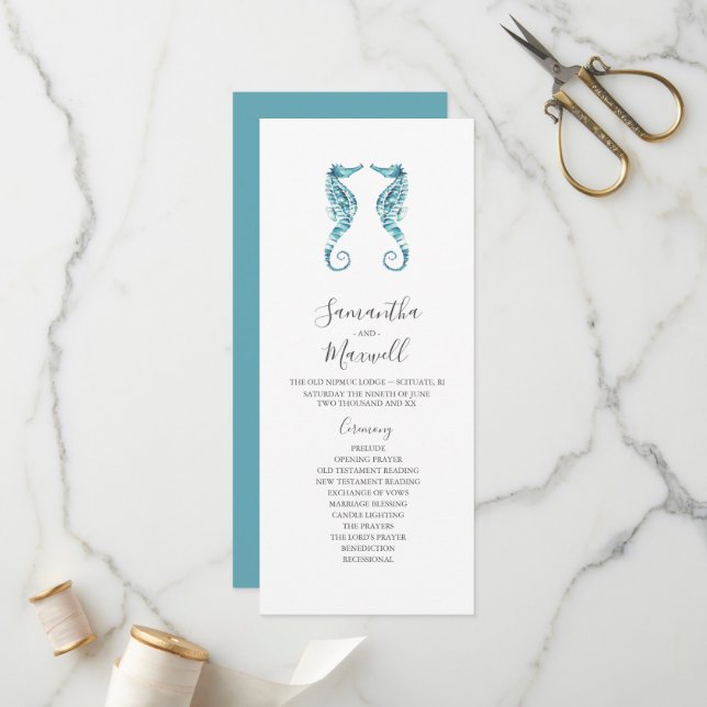 Tea Length Beach Wedding Programs Seahorses (Front/Back In Situ)