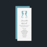 Tea Length Beach Wedding Programs Seahorses<br><div class="desc">These tea length beach wedding program templates feature watercolor seahorses in shades of turquoise blue. Use the template fields to add your order of service. The card reverses to a solid complimentary color. A coastal choice for nautical and destination weddings. To see more wedding themes like this visit www.zazzle.com/dotellabelle Unique...</div>