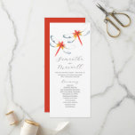 Tea Length Wedding Program Template Dragonfly<br><div class="desc">This tea length wedding program template feature unique watercolor red dragonflies. Use the template fields to add your order of service. The card reverses to a solid red color. To see more wedding themes like this visit www.zazzle.com/dotellabelle 

Unique art and design by Victoria Grigaliunas of Do Tell A Belle.</div>