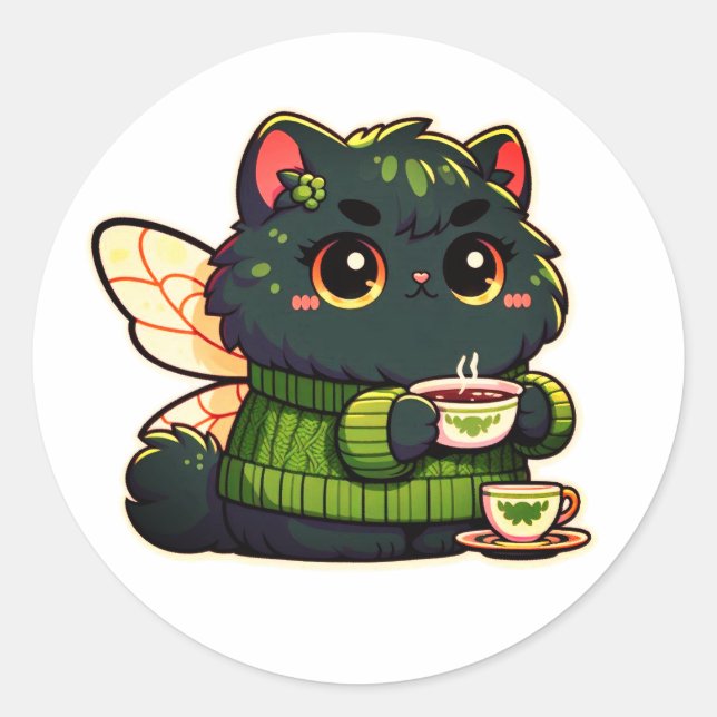 Tea lover fairy cat  classic round sticker (Front)