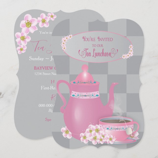 Tea Luncheon, Teapot & Teacup  Ladies, Pink & Gray Invitation (Front/Back)