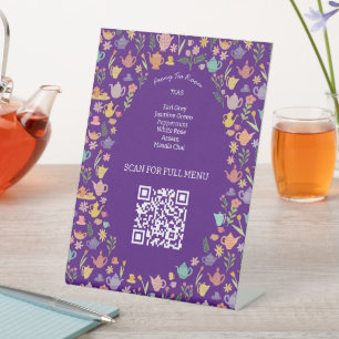 Tea Menu Cute Colorful CUSTOM QR code Pedestal Sign