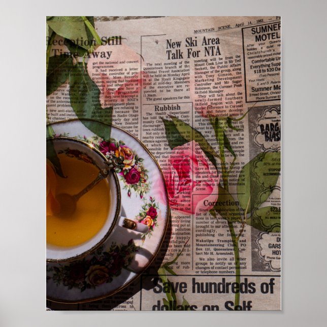 Tea old handwritting paper and pink roses poster (Front)