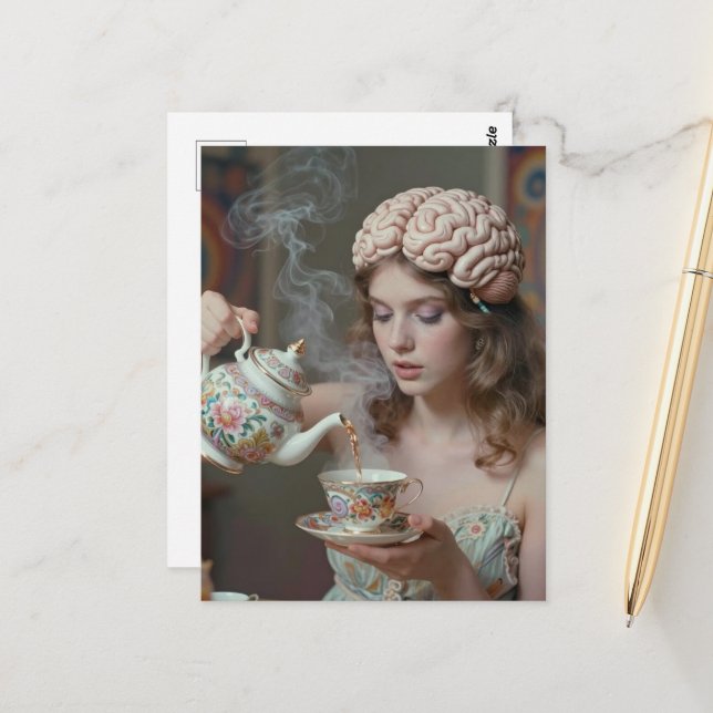 Tea on Her Brain Surreal Postcard (Front/Back In Situ)