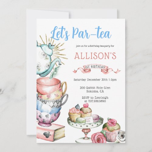 Tea Par_tea Birthday Party Girl Pink Blue Gold Invitation